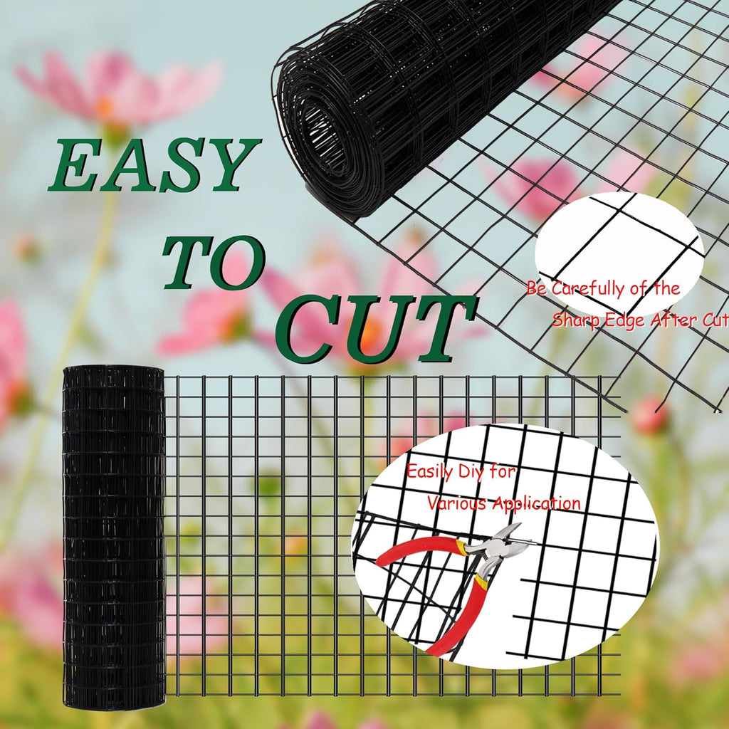 Black Metal Garden Fence, 60inch(H) x 100ft(L), 2 inch x 3 inch,14GA 2/3/4/5/6 Ft Tall Chicken Wire PVC Coated Welded Wire Mesh Roll for Dogs Border Yard Vegetable Plant Protection Poultry Netting