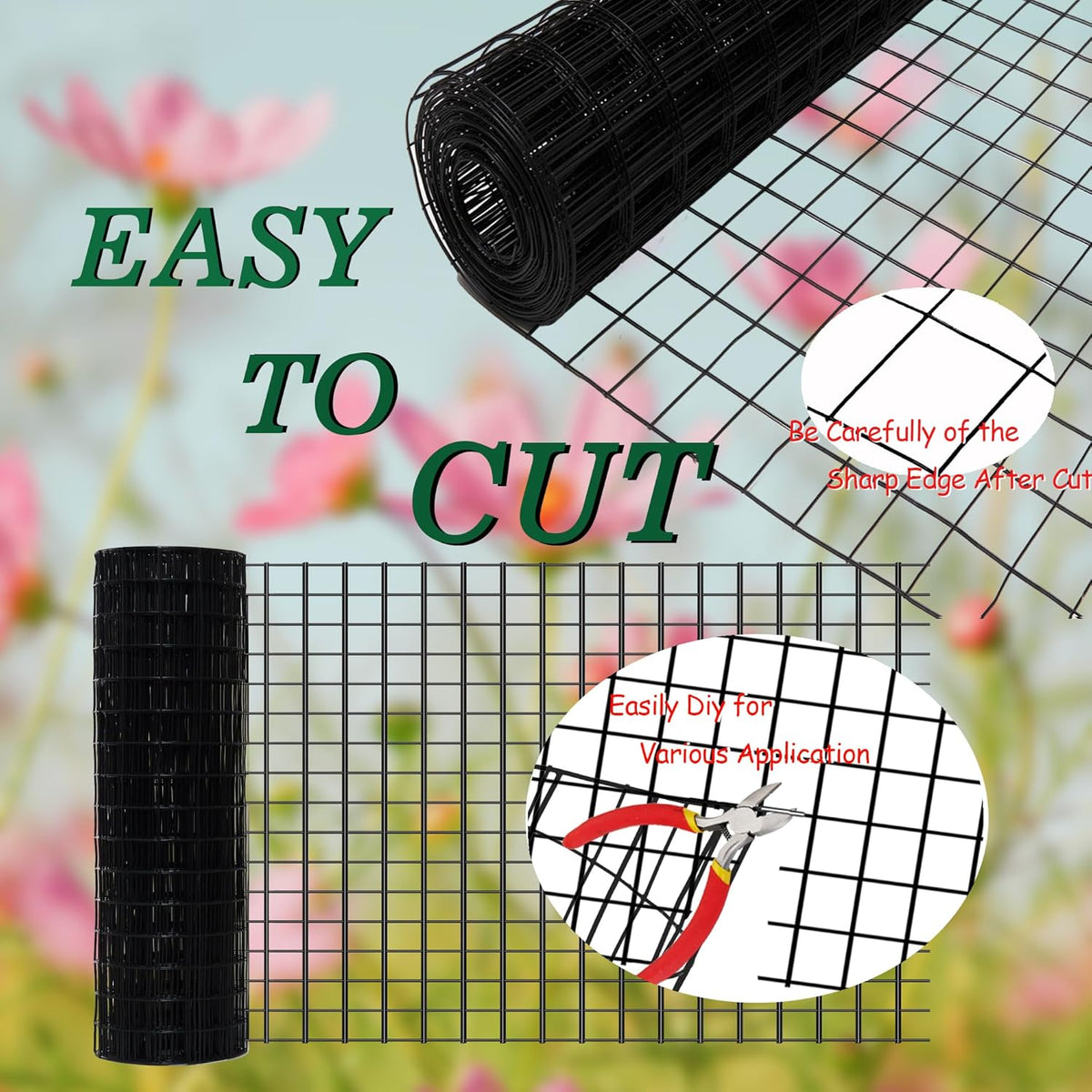 Black Metal Garden Fence, 72inch(H) x 100ft(L), 2 inch x 3 inch,14GA 2/3/4/5/6 Ft Tall Chicken Wire PVC Coated Welded Wire Mesh Roll for Dogs Border Yard Vegetable Plant Protection Poultry Netting