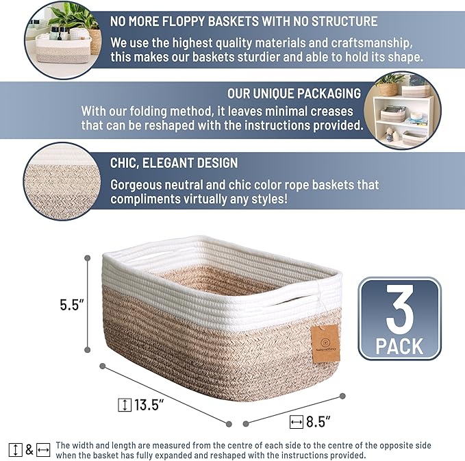 NaturalCozy 13.5”x8.5”x5.5” Storage Baskets for Shelves 3 Pack | Cotton Rope Woven Small Baskets for Organizing | Small Storage Bins for Nursery, Bathroom, Closet, Cube Shelf, Decorative, Gift
