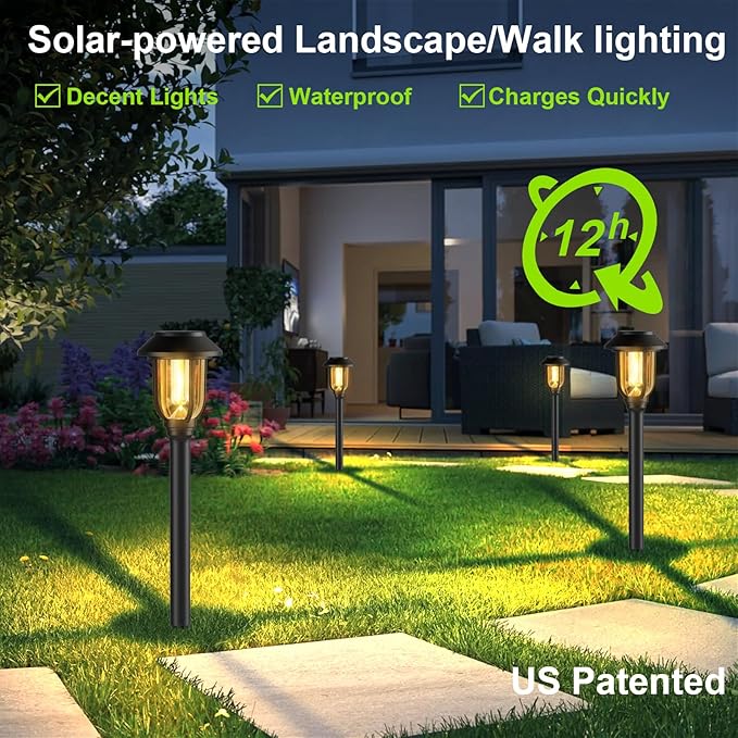 12 Pack Solar Lights Outdoor, Solar Pathway Lights Waterproof Auto On/Off Powered, Warm White Landscape Lighting for Path, Yard, Walkway, Driveway, Garden 3000K