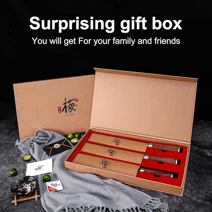 3-Piece Kitchen Knife Set - Santoku, Usuba & Paring Knives, German High Carbon Stainless Steel, Hand-forged with Brazilian Rosewood, Gift Box