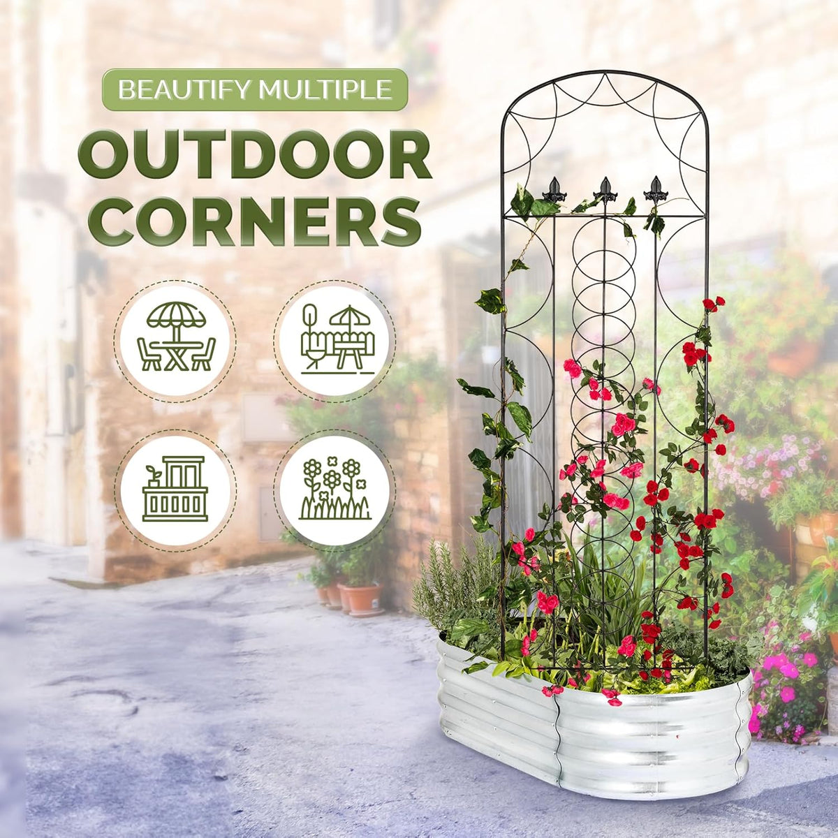 Idzo 71 in. Decorative Metal Trellis for Climbing Plants Outdoor, Heavy-Duty Steel Garden Trellis with Durable Powder Coating, Black