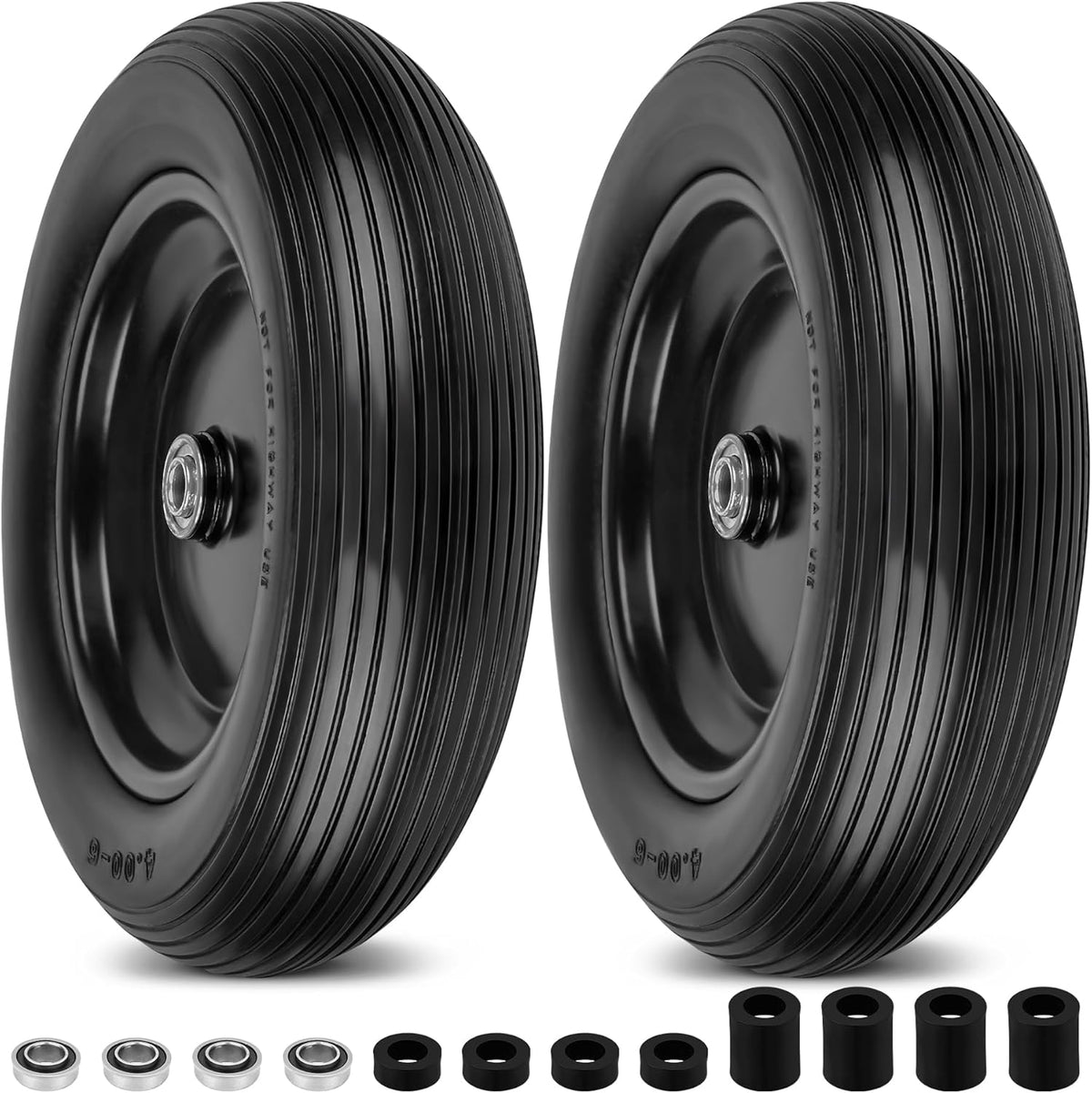4.00-6 Flat Free Wheelbarrow Tires and Wheels, 13 Inch Wheelbarrow Tires with 5/8" or 3/4" Bearings, 1.75'' Centered Hub Hand Truck Solid Wheels Replacement for Hand Trucks, Dolly Trolleies, 2 PCS
