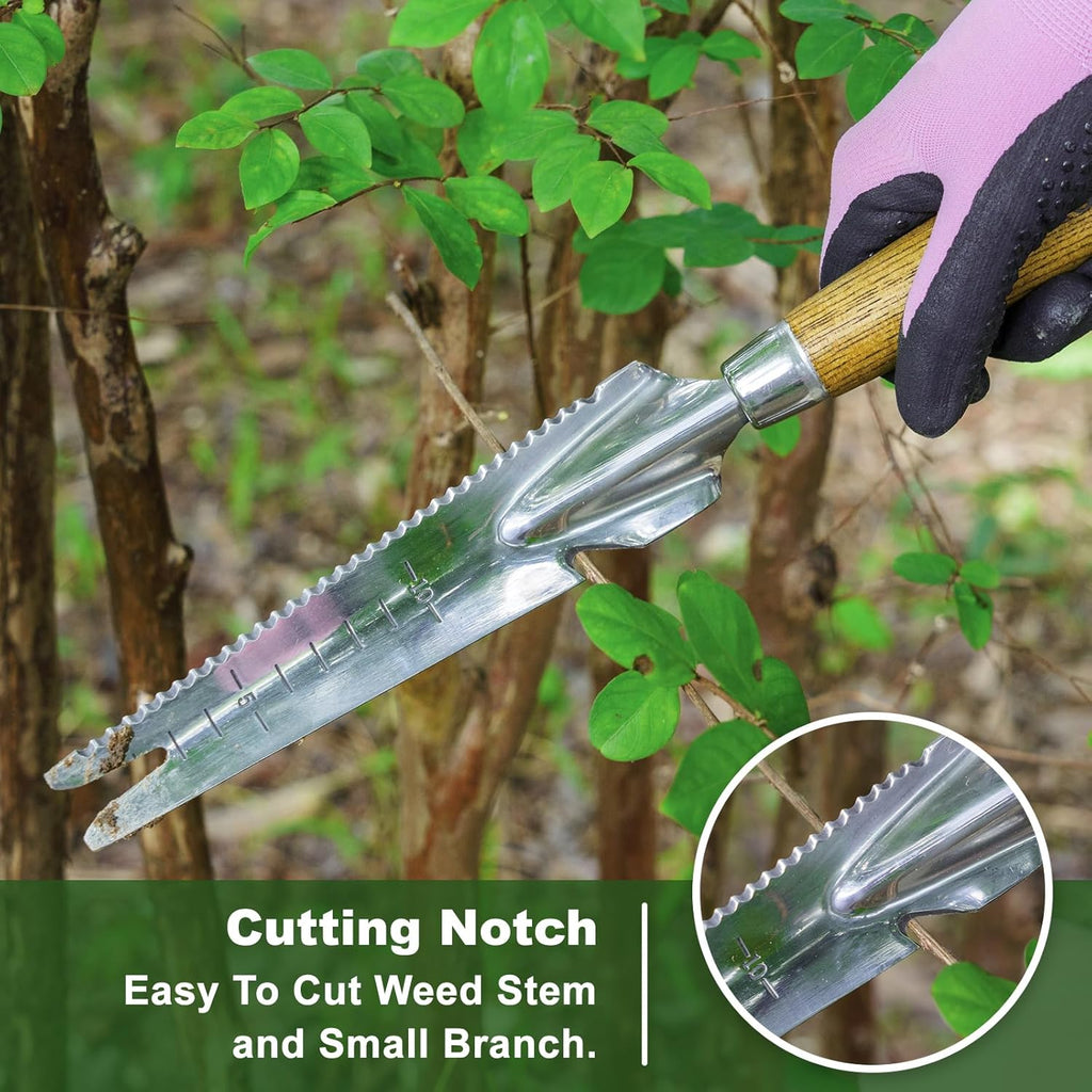 Haliaeetus Multi-Use Weed Trowel, Stainless Steel Dandelion Fork Puller, Serrated Edges Manual Weed Puller for Quick Cutting and Weeding, Garden Weed Trowel with Measuring Scale for Planting, Digging