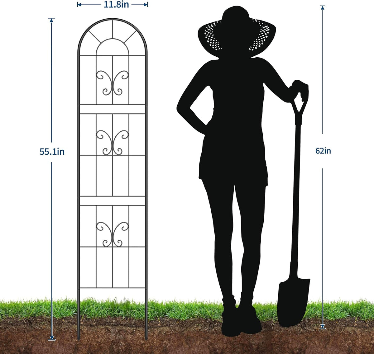 2 Pack 55.1x11.8 in Garden Trellises for Climbing Plants, Sturdy Plant Trellises with Black Metal Coating, Arched Outdoor Decoration for Patio Lawn, Roses, Vines, Flowers, and Vegetables
