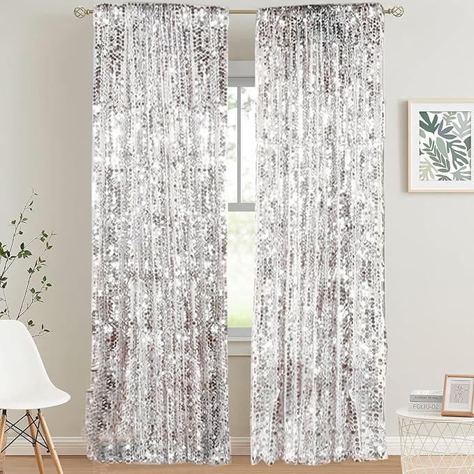 HH 9x9FT Big Silver Sequin Backdrop Curtains,Shimmer Sequin Fabric Photography Backdrop,Photo Backdrop Payette Backdrop Curtain Panels Backgrounds for Wedding Party Christmas Decoration