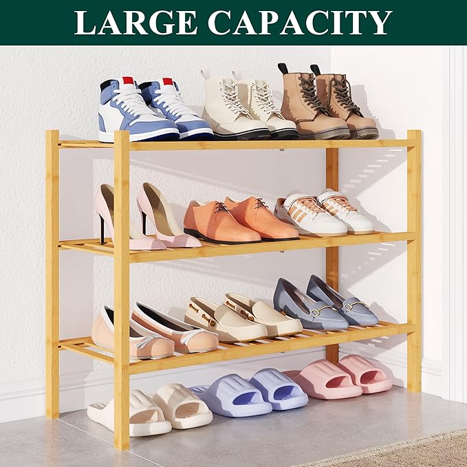 Smiry Bamboo Shoe Rack for Closet, 3 Tier Wooden Stackable Shoe Organizer, Free Standing Shoes Storage Shelf for Entryway, Front Door Entrance, Natural