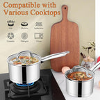 LIANYU Sauce Pan Set with Lid, 1 QT & 2 QT Stainless Steel Saucepan Pot Set, Tri-Ply Bottom Small Pot for Kitchen Cooking, Dishwasher Safe, Compatible with All Cooktops