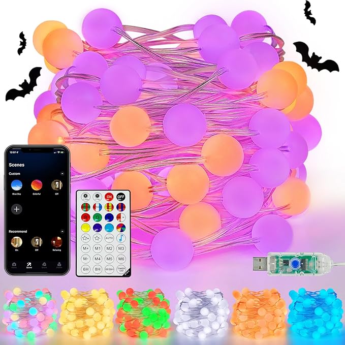 Smart Color Changing Halloween Lights, 33FT 66LED App Control RGB Globe String Light with Remote & Timer, Music Sync Twinkle Christmas Tree Light Waterproof Indoor Outdoor Halloween Decorations