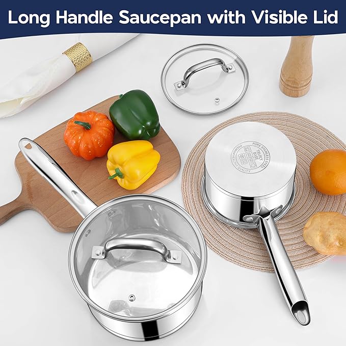 LIANYU Stainless Steel Saucepan Set, 1QT & 3QT Sauce Pan with Lid, Multipurpose Cooking Pot Set, Triply Bottom Milk Sauce Pan for Home Kitchen, All Stove Compatible, Dishwasher Safe
