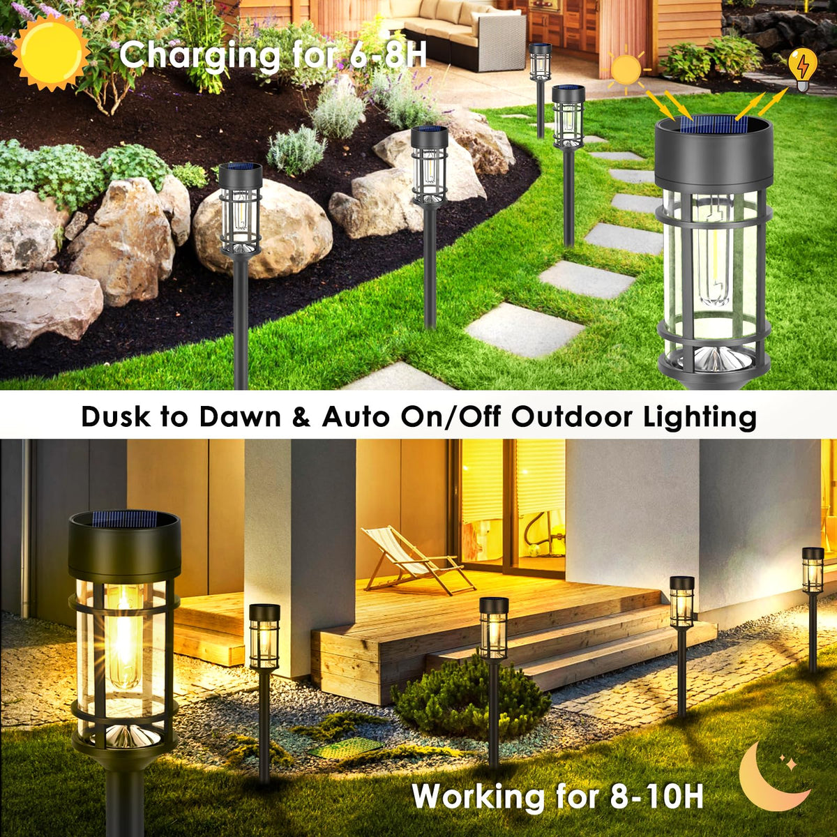 Mancra Solar Pathway Lights, 8 Pack LED Solar Lights Outdoor Waterproof, Glass Metal Garden Lighting for Yard Path Landscape Lawn Walkway Driveway, 3000K
