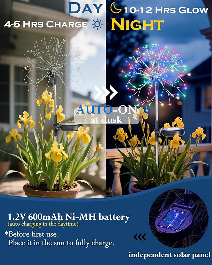 Solar Garden Lights Outdoor Yard Decorations, 4 Pack 150Leds Pathway Light, Fairy Firework Stake Lights for Garden, Patio, Pathway, Flowerbed Multicolor