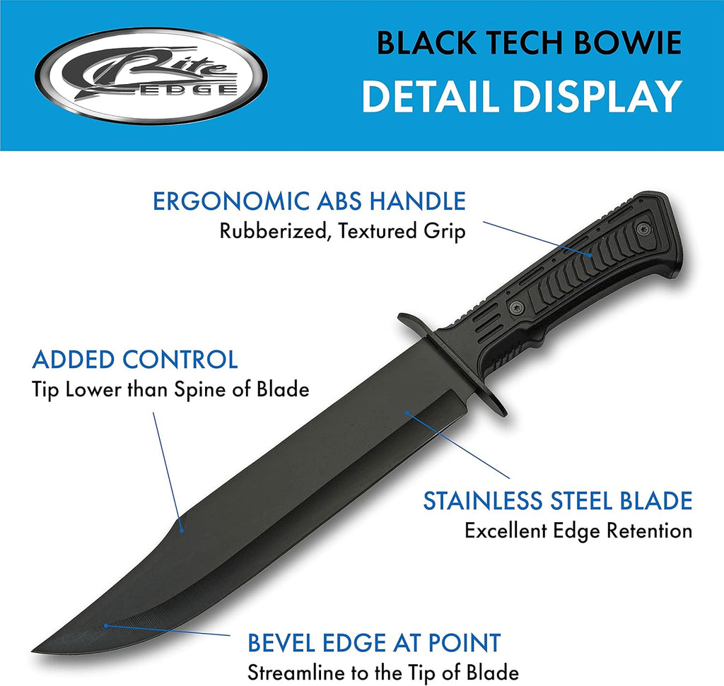SZCO Full Tang Tactical Bowie Knife 15 Inch - Black Camping Knife with Rubber Handle, Stainless Steel Blade & Sheath - Pocket Knife for Hunting, Camping & Outdoor Uses - Knives for Men