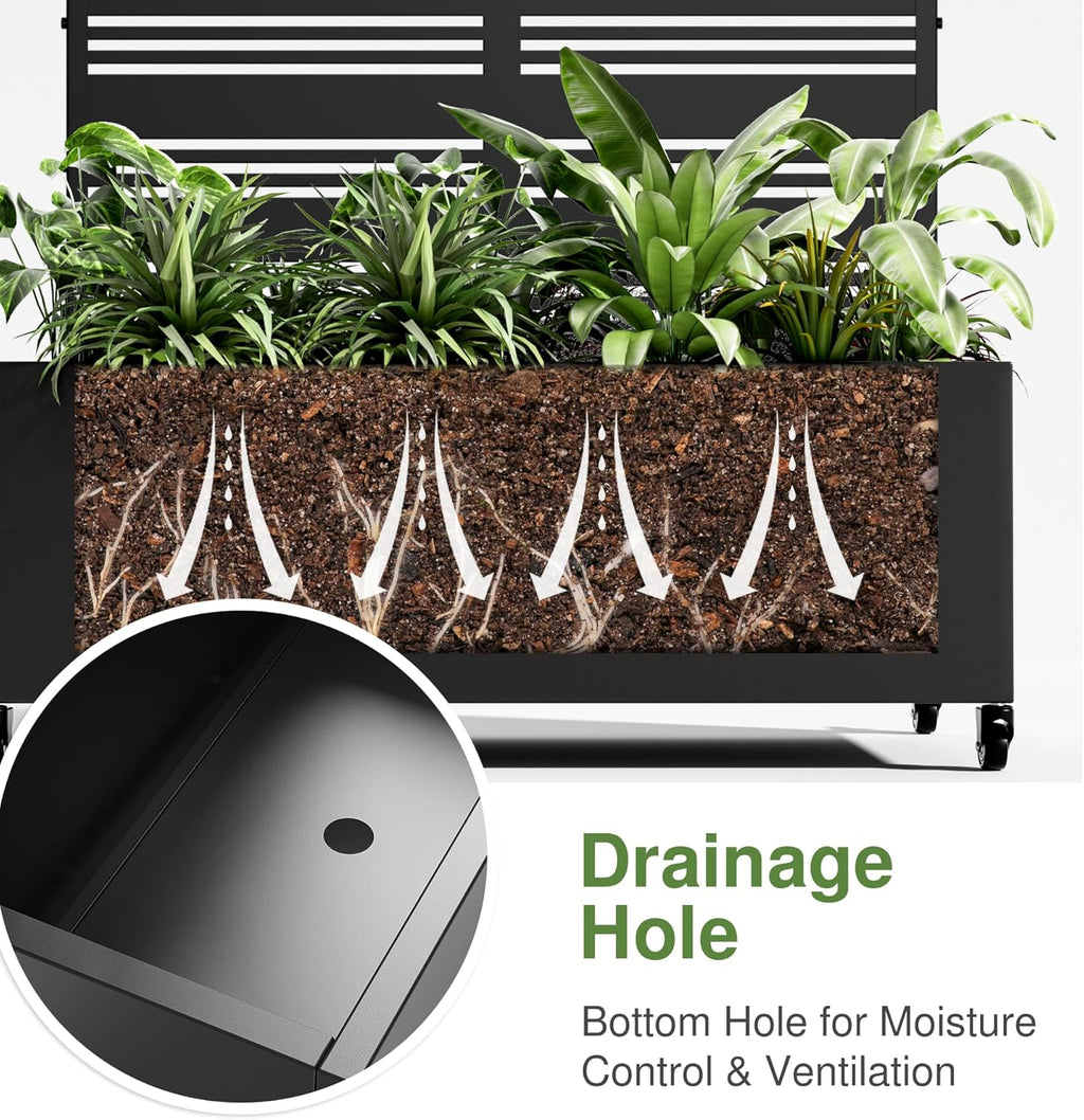 Casaphoria Metal Raised Garden Bed with Trellis and Wheels, 47"x47"x16" Planter Box for Climbing Plants, Vegetables & Vines, Features Drainage Holes and Privacy Screen (Black-Harold)