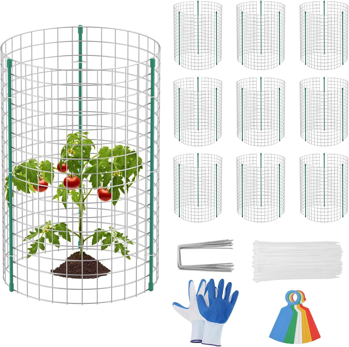 10-Set 12” x 16” Plant Protectors from Animals, Hot-Dip Galvanized Metal Mesh Plant Cages, Dual-Secure with U-Stakes & Supports, Animal Barrier to Keep Rabbits & Chickens Out of The Garden