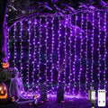 JMEXSUSS 300LED Purple Halloween Lights with Remote, Curtain Hanging Light Plug in, 8 Modes Purple String Lights for Bedroom Window Wall Party Backdrop Christmas Halloween Decorations