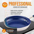 NutriChef 12" Fry Pan With Lid - Large Skillet Nonstick Frying Pan with Silicone Handle, Ceramic Coating, Blue Silicone Handle, Stain-Resistant, Easy To Clean, Professional Home Cookware