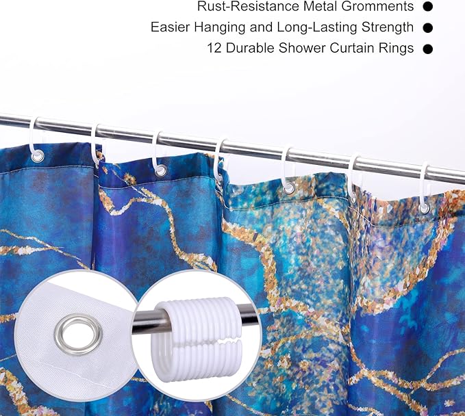 Marble Shower Curtain, Blue Marble Shower Curtain Set, Abstract Luxury Blue Golden Glitter Veins Texture Marble Shower Curtains for Bathroom, Waterproof Fabric with 12 Hooks, 72 x 72 inches