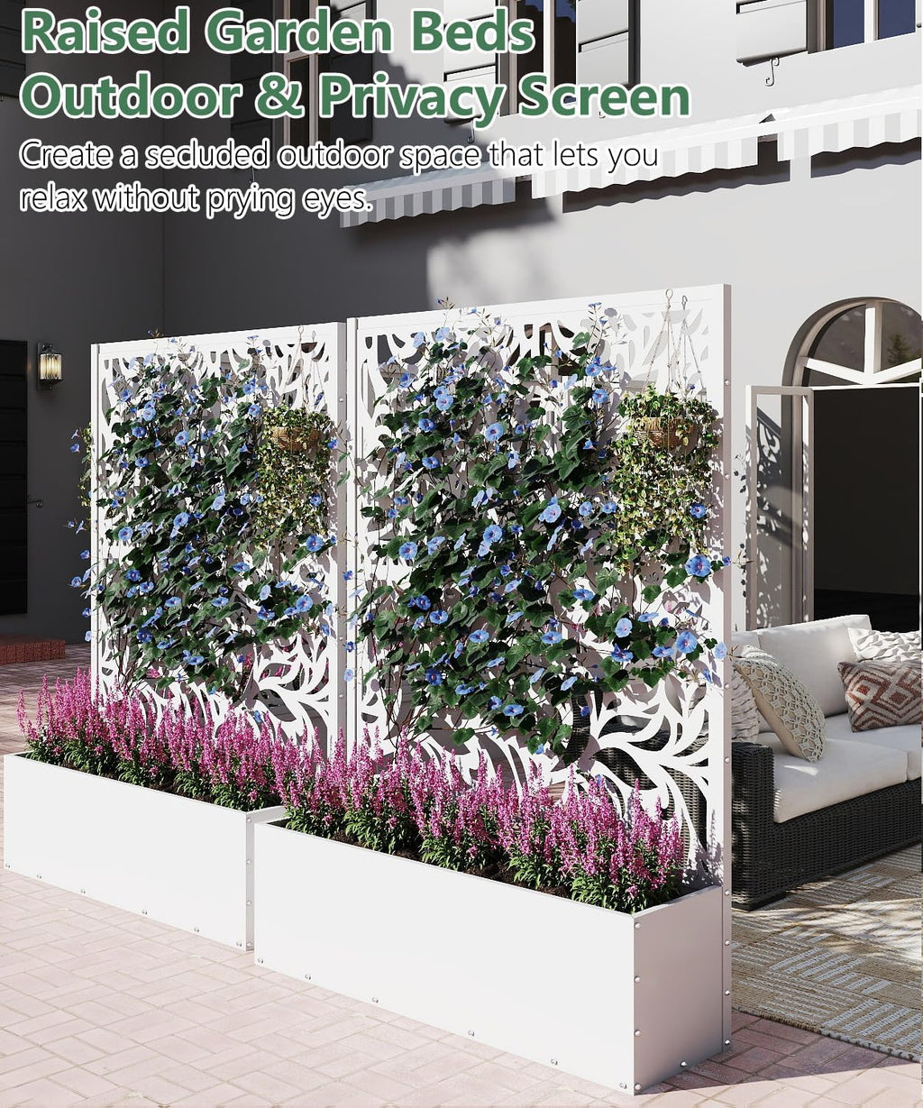Metal Planter Box with Trellis,70.9"x47.2"x15.7" Raised Garden Bed with Drainage Holes, Privacy Planters for Outdoor Garden Bed for Climbing Plants,Vegetables,and Vines, White-Flower