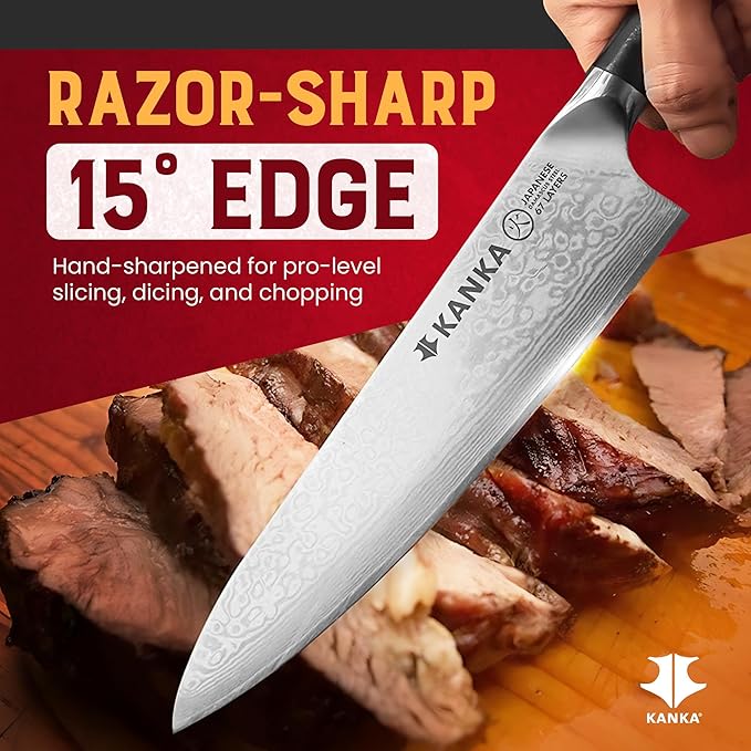 KANKA 10-inch 67 Layers Damascus Steel Profesional Chef Knife - Extra Long, G10 Black Fiberglass Handle, Razor Sharp Knife. Wood Sheath Included.
