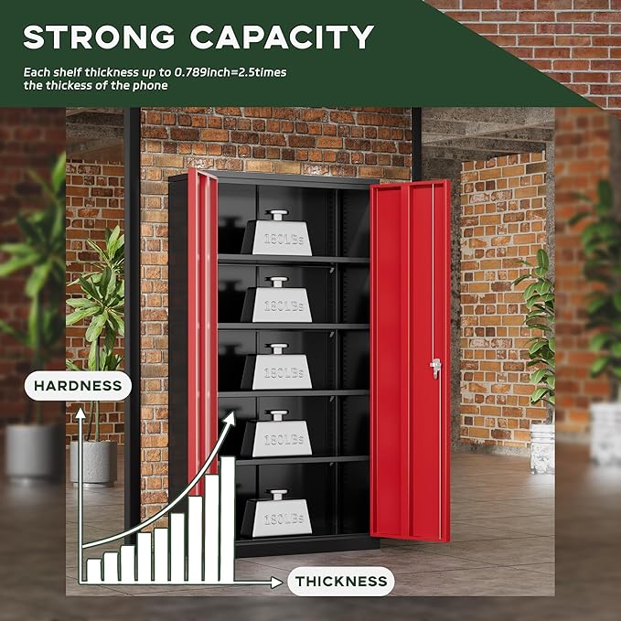 Greenvelly Metal Garage Storage Cabinet with Doors and Adjustable Shelves,72" Steel Lockable File Cabinet for Home Office,Garage,School(Black Red,32" W x 16" D)