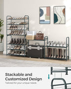 SONGMICS Shoe Rack, 4 Tier Shoe Organizer for Closet, Holds up to 16 Pairs of Shoes, Shoe Rack for Front Door Entrance, Metal Shoe Shelf with Adjustable Tilt Angle, for Entryway, Garage, Grey