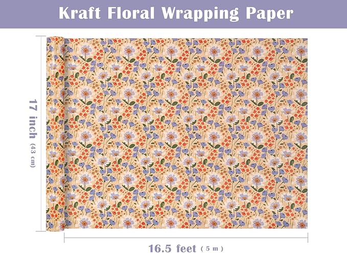 WRAPAHOLIC Kraft Floral Wrapping Paper Roll - Mini Roll - 17 Inch x 16.5 Feet - Watercolor Flower Wrapping Paper, Perfect for Wedding, Birthday, Bridal Shower, Tea Party