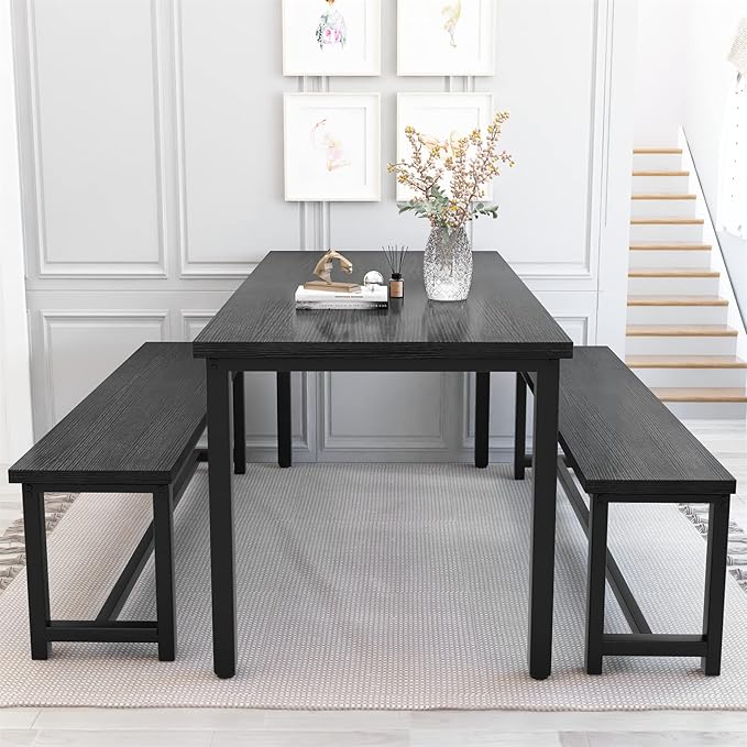 Recaceik Dining Room Table Set with 2 Benches, Kitchen Dining Table Set for 2-4 Person, Space Saving Kitchen Table and Chair Set with Metal Frame for Dining Room, Small Space, Breakfast Nook(Black)