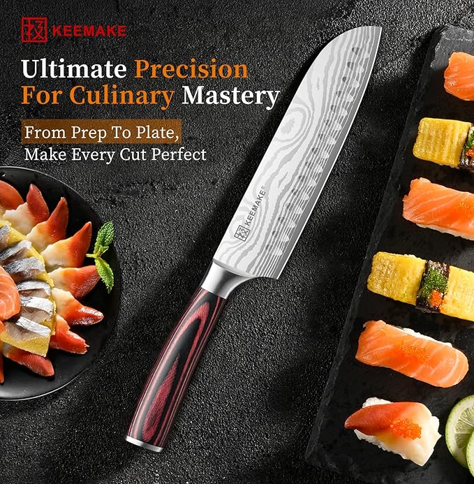 KEEMAKE 7 Inch Japanese Santoku Knife, Ultra-Sharp 1.4116 High Carbon Steel Blade with Pakkawood Handle, Professional Chef's Knife for Kitchen w/Sheath and Gift Box