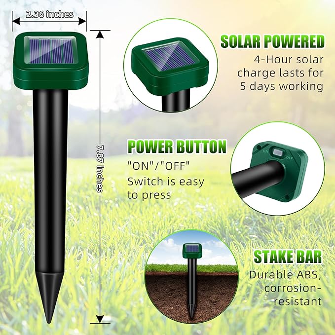 2026 New Mole Repellent Solar Powered, IP65 Waterproof Ultrasonic Gopher Repellent Snake Repellent for Yard Lawn Garden, Groundhog Vole Chipmunk Armadillo Squirrel Rodent Deterrent Stakes,8 Pack