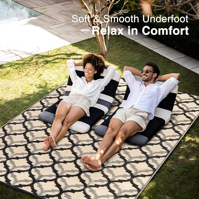 OLANLY Reversible Outdoor Rug 6x9 ft Clearance, Waterproof Outdoor Plastic Straw Rug with Interlacing Pattern, RV Mat for Patio, Camping, Balcony, Deck, Backyard, Black & Beige