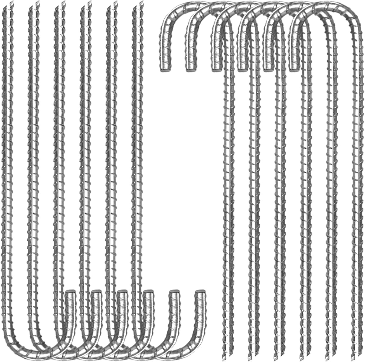 12 Pack 12 Inch Rebar Stakes Heavy Duty J Hook Ground Anchors, Anti Rust Metal Steel Tent Stakes Garden Fence Stakes, Silver