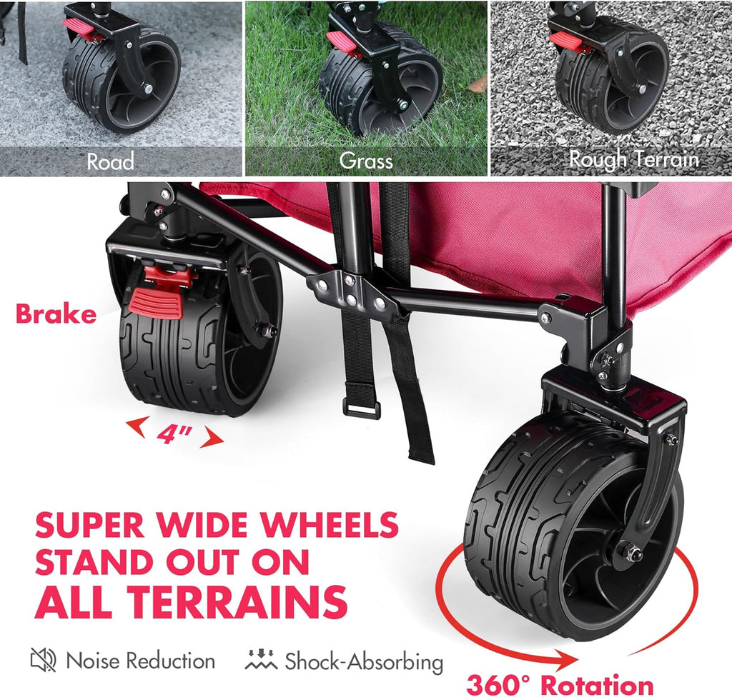 VILLEY Collapsible Folding Wagon with Big Wheels, Enlarged 225lbs Capacity, All Terrain Wagons Carts Heavy Duty Foldable, Portable Utility Garden Cart with 2 Cup Holders and Brake, Pink