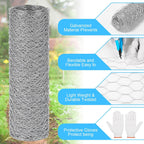 Chicken Wire Mesh 13.7 in x 157 in Silver Floral Chicken Wire Poultry Netting Hexagonal Galvanized PVC Coated Wire Mesh for Floral Arrangements Craft with 30 Zip Ties, Glove and Wire Cutting Pliers