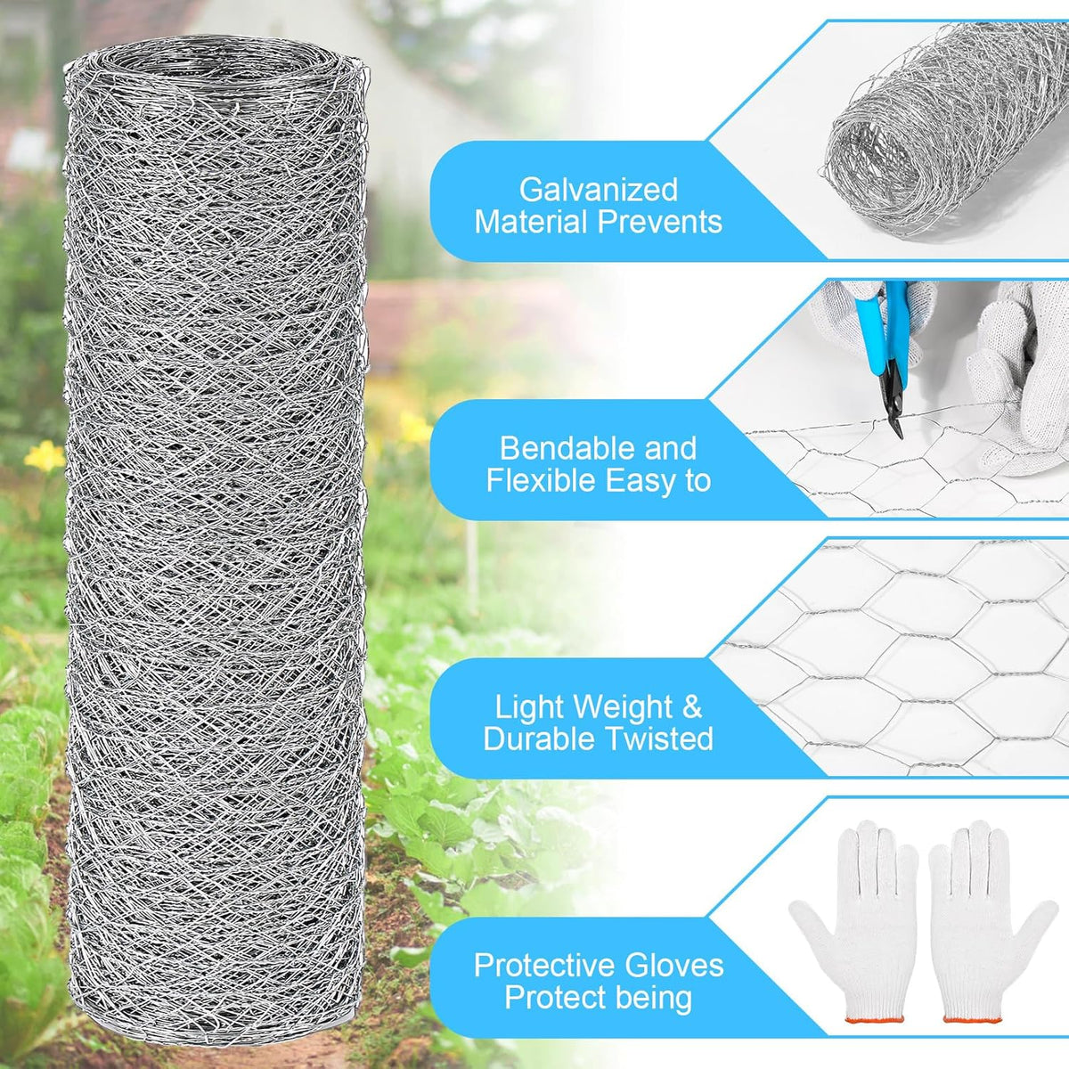 Chicken Wire Mesh 13.7 in x 50 ft in Silver Floral Chicken Wire Poultry Netting Hexagonal Galvanized PVC Coated Wire Mesh for Floral Arrangements Craft with 30 Zip Ties, Glove and Wire Cutting Pliers