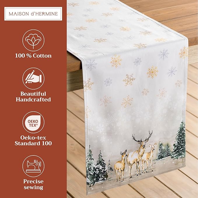 Maison d' Hermine Table Runner 100% Cotton Double Layer Table Runners 108 inches Long for Thanksgiving Christmas Decorations Home Kitchen Dining Party Wedding (Deer in The Woods, 14.5" x 108")