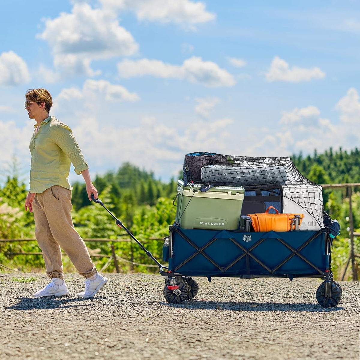 Timber Ridge 51.2" Extended Collapsible Wagon - Heavy-Duty Utility Cart with All-Terrain Wheels, Brakes & Cargo Net, 400L Capacity for Camping, Sports & Shopping, Blue