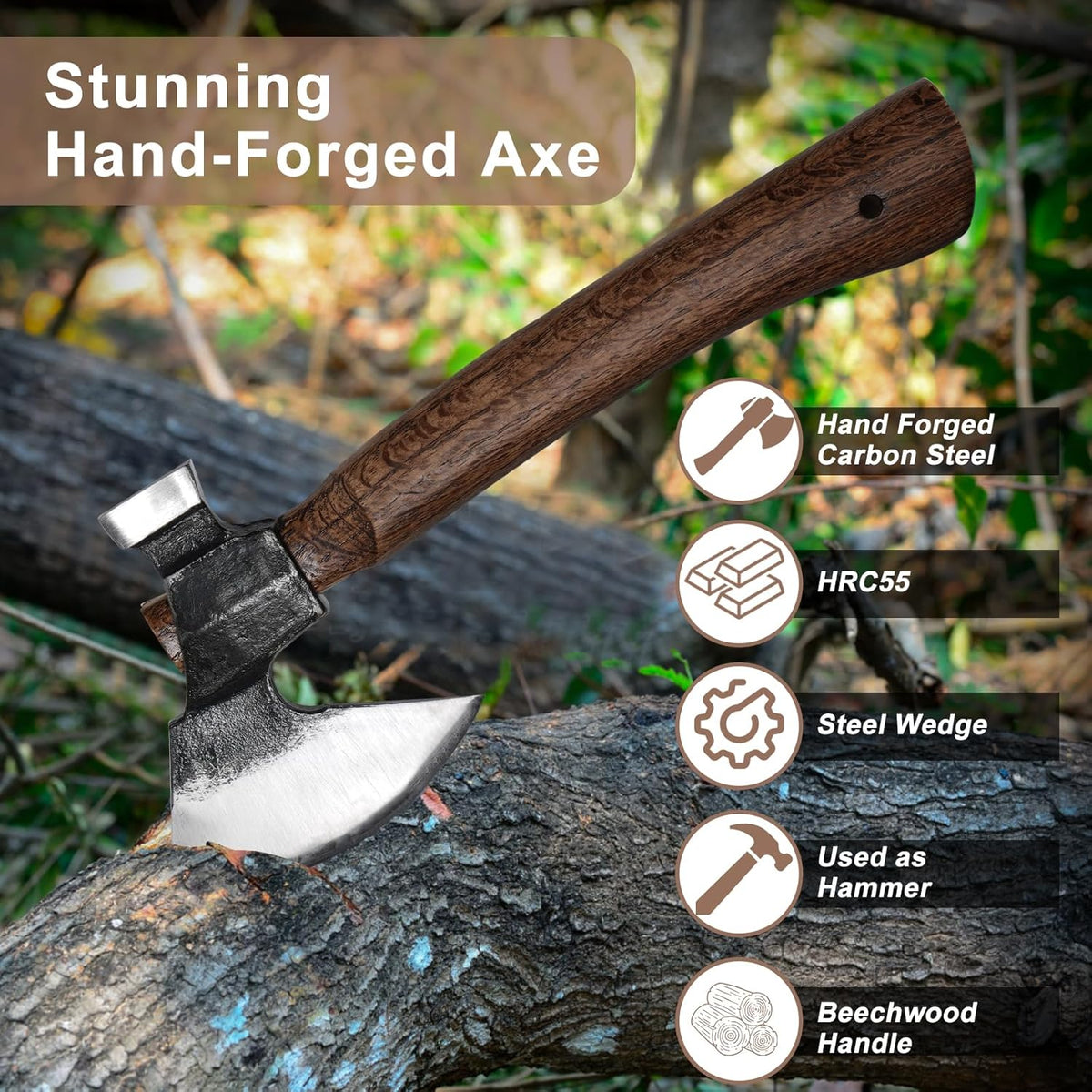Wood Splitting Axe with Leather Sheath,Camping Hatchet with 10.74" Solid Handle,Bushcraft Axe with Hammering for Gardening,Chopping, Felling, Survival,Carving