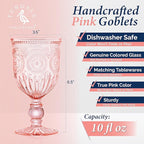 Yungala Pink Wine Glasses, set of 6 pink goblets handcrafted from pink glass (not painted or coated) ensuring your glassware is dishwasher safe and the color won't peel or chip.