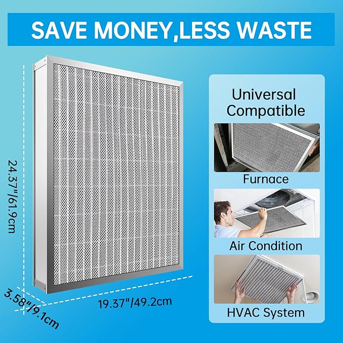 UBeesize 20x25x4 Air Filter HVAC AC Furnace Filter,Reusable Washable, Lasts a Lifetime,Permanent Electrostatic Filter,for Honeywell,White Rodger, and More(Actual Size:19.37x24.37x3.58Inch)