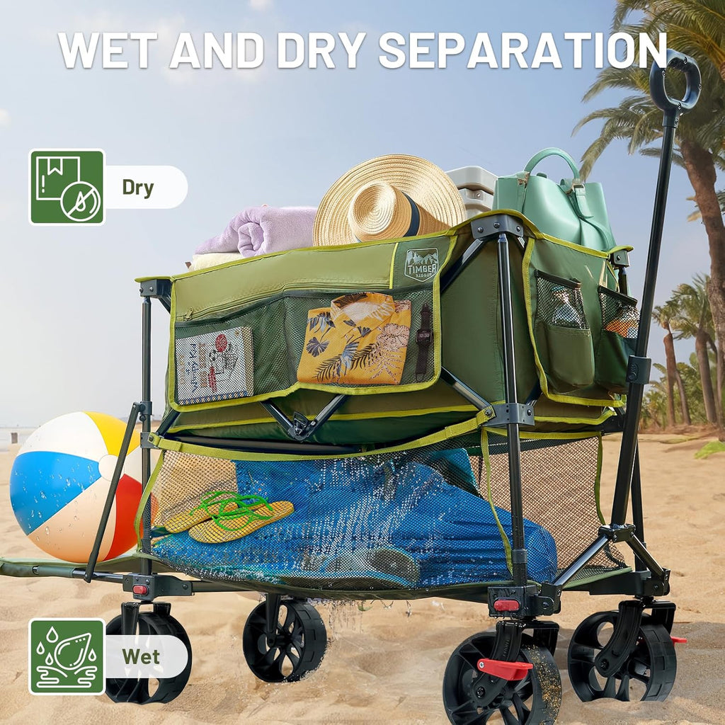 TIMBER RIDGE 400L Large Capacity Folding Double Decker Wagon with Brakes, 54" Extra Long Extender Wagon Cart, 450lbs Heavy Duty Collapsible Cart, All-Terrain Big Wheels for Camping, Sports, Shopping