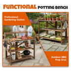 Outdoor Potting Bench Table, Indoor Wooden Work Station with Metal Table Top, Metal Hooks, Large Shelves, Heavy-Duty Gardening Workbench for Garden, Backyard, Patio, BBQ Prep Station, Easy Assembly