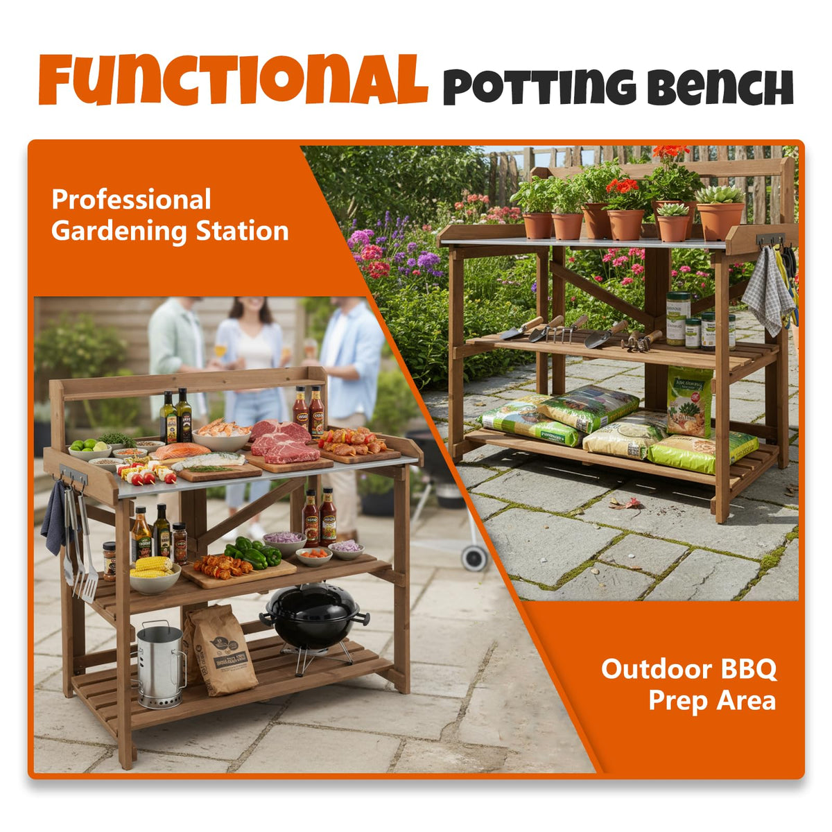 Outdoor Potting Bench Table, Indoor Wooden Work Station with Metal Table Top, Metal Hooks, Large Shelves, Heavy-Duty Gardening Workbench for Garden, Backyard, Patio, BBQ Prep Station, Easy Assembly