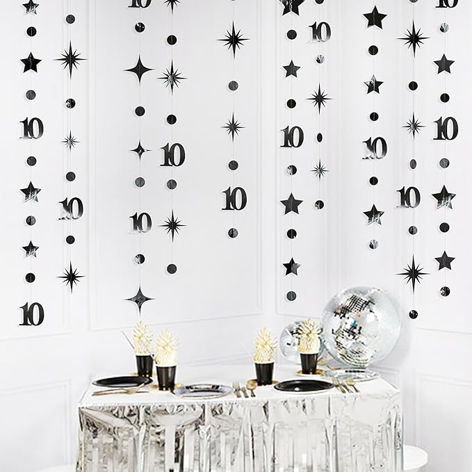 Black 10th Birthday Decorations Number 10 Circle Dot Twinkle Star Garland Metallic Hanging Streamer Banner Backdrop for Girls Boys Double Digits Ten Year Old Birthday 10th Anniversary Party Supplies