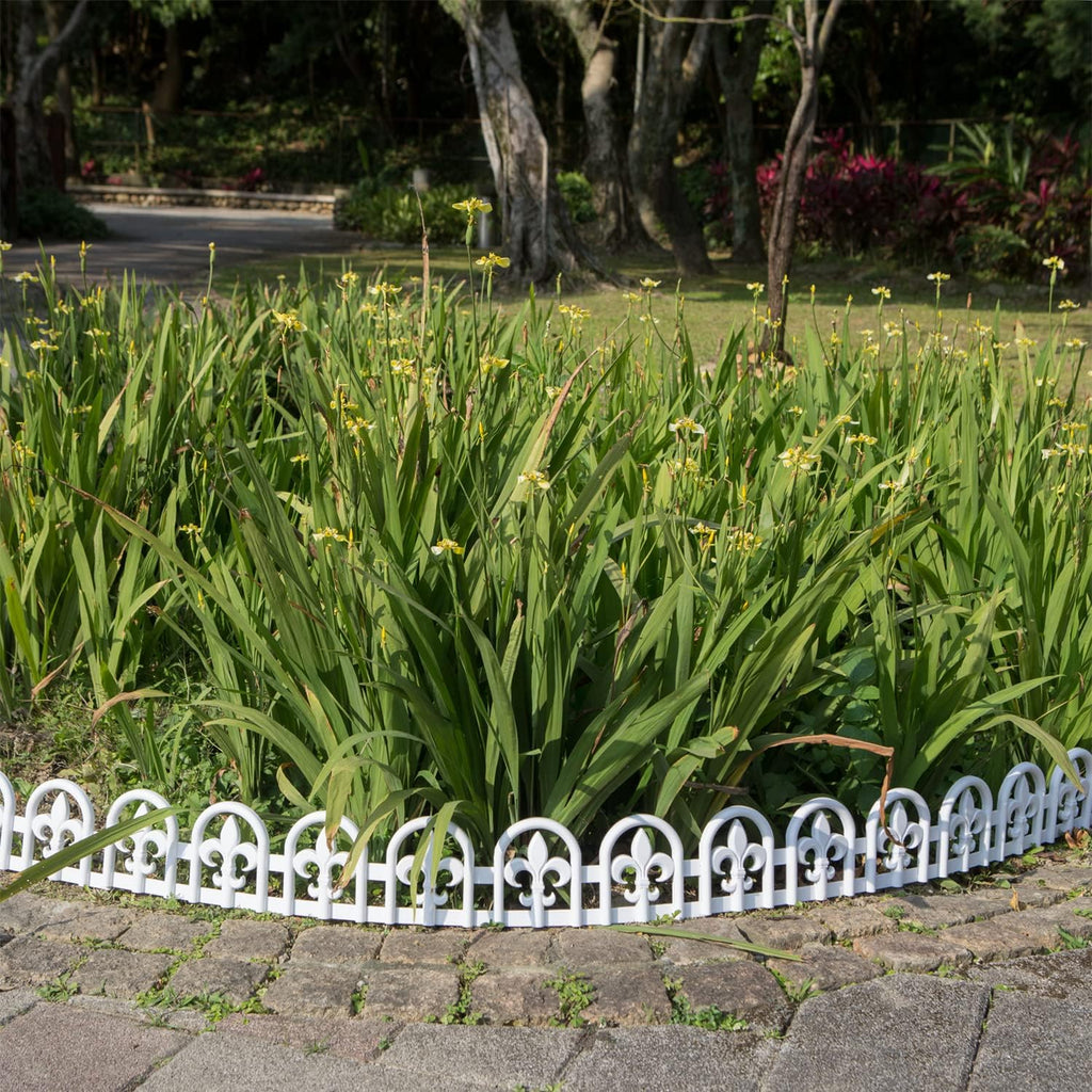 Evelyne White Garden Border Plastic Edging: Wrought Iron Design - 27pcs White Yard Landscaping Fence Liner Lawn Edge Barrier - 35ft Kit of Decorative Lawn Landscape Panels Elements