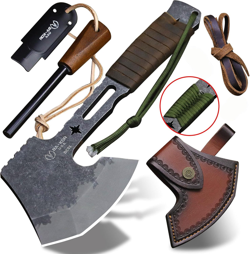 BA-KOR 12.2-inch DC53 Steel 10mm Thick Multi-Functional Survival Axe for Camping, EDC Tool, Jungle Logging Axe + Axe Sheath (5.9in) Cerium igniter