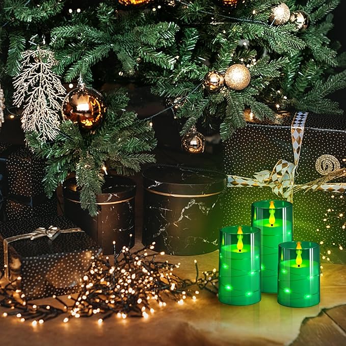 NURADA Flickering Flameless Candles: Built-in Star String Acrylic Battery Operated LED Pillar Candles with Remote and Timer for Home Party Weddings Christmas Halloween Decor -Green 3 Pack