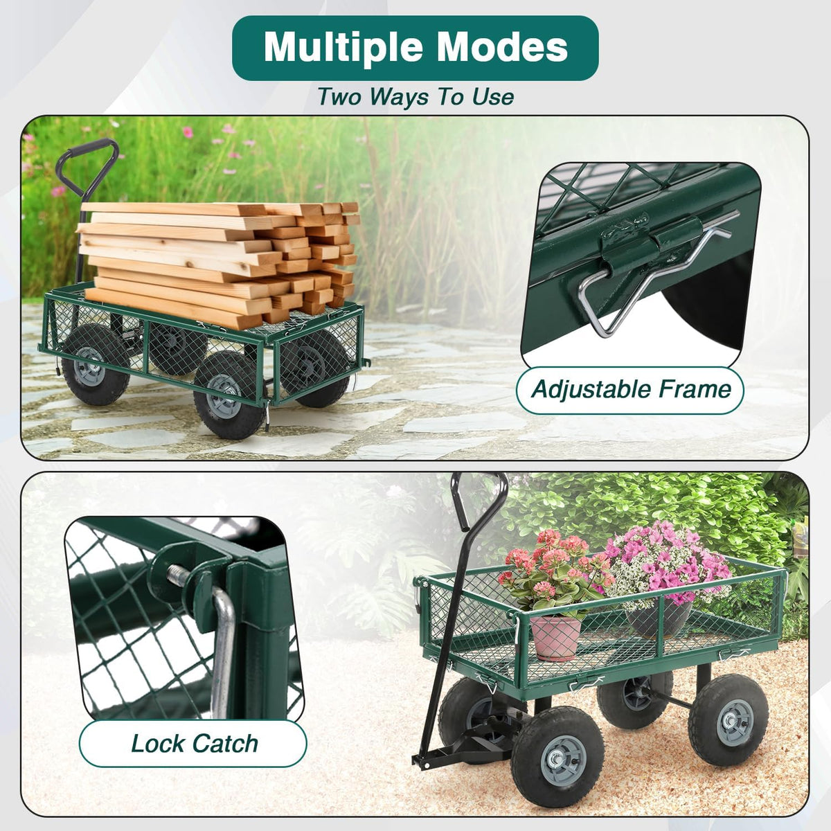 FDW Garden Cart Streel Heavy Duty 500 LBS Capacity，Utility Cart Wagon with Removable Sides and 180°Rotating Handle for Yard, Lawn and Garden Hauler (Green)