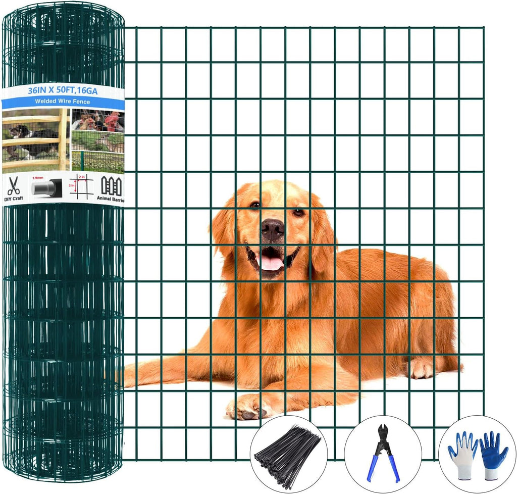 Welded Wire Fence, 50ft(L) x 36inch(H) PVC Coated Wire Fencing for Dog, 2 Inch x 3 Inch 16GA Fencing for Chicken, Anti-Rust Roll Metal Wire Mesh Fence for Yard Vegetable, Green