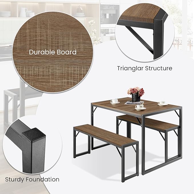 SHA CERLIN Kitchen Dining Table Set for 4 with Benches, Rustic Small Space Saving Dinette, Heavy Duty Metal Frame